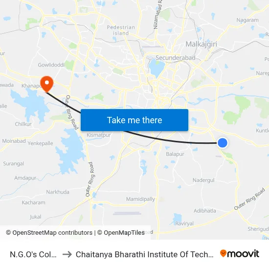 N.G.O's Colony to Chaitanya Bharathi Institute Of Technology map