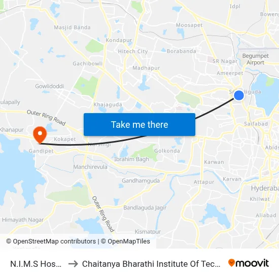 N.I.M.S Hospital to Chaitanya Bharathi Institute Of Technology map