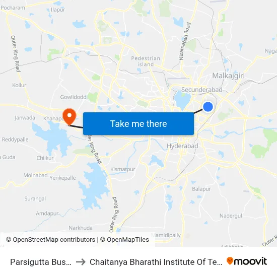 Parsigutta Bus Stop to Chaitanya Bharathi Institute Of Technology map