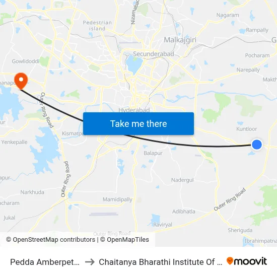 Pedda Amberpet X Road to Chaitanya Bharathi Institute Of Technology map