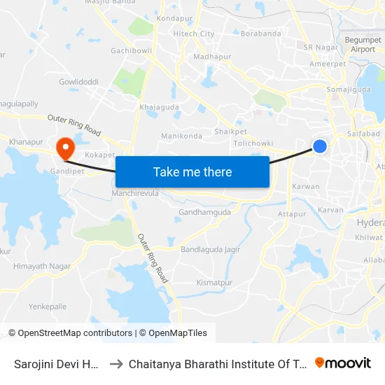 Sarojini Devi Hospital to Chaitanya Bharathi Institute Of Technology map