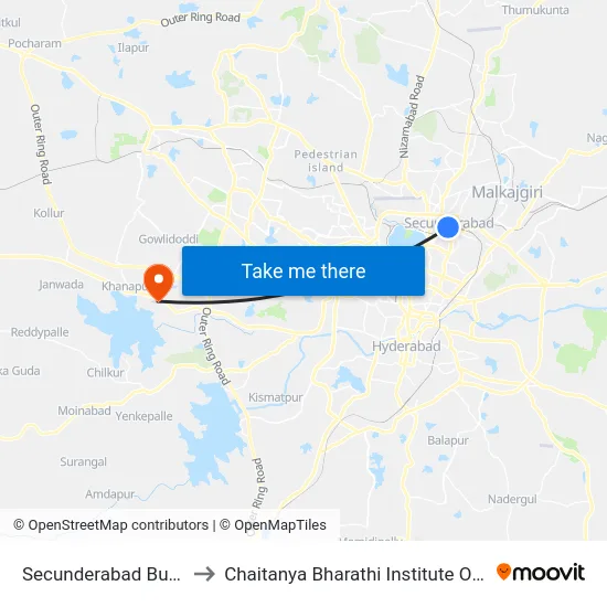 Secunderabad Bus Station to Chaitanya Bharathi Institute Of Technology map