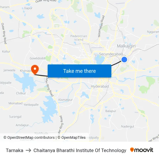 Tarnaka to Chaitanya Bharathi Institute Of Technology map