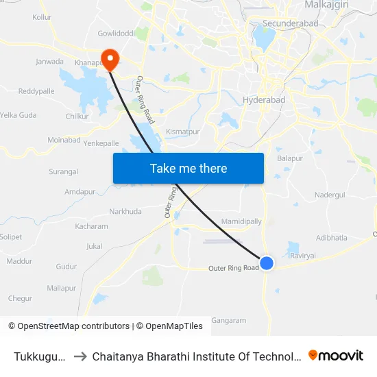 Tukkuguda to Chaitanya Bharathi Institute Of Technology map