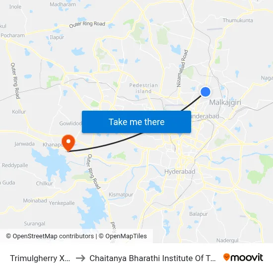 Trimulgherry X Road to Chaitanya Bharathi Institute Of Technology map