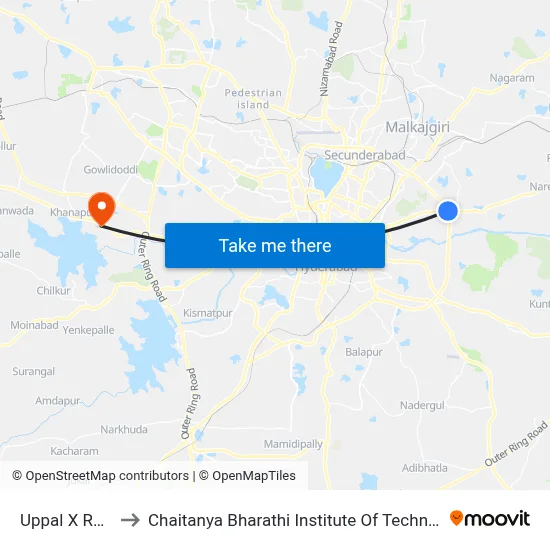 Uppal X Road to Chaitanya Bharathi Institute Of Technology map