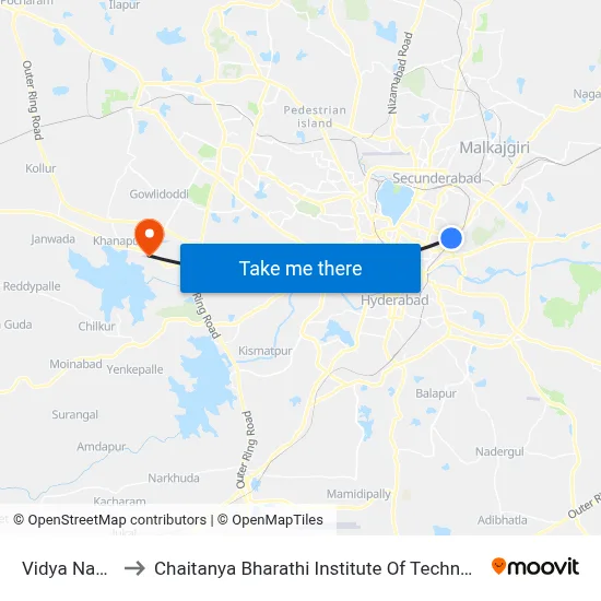 Vidya Nagar to Chaitanya Bharathi Institute Of Technology map