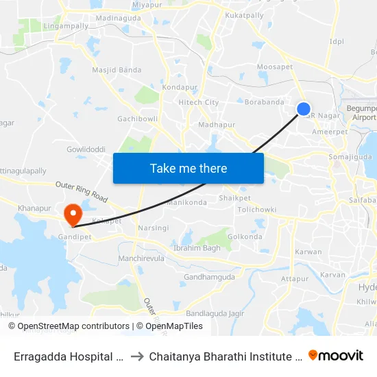 Erragadda Hospital A.G.Colony to Chaitanya Bharathi Institute Of Technology map