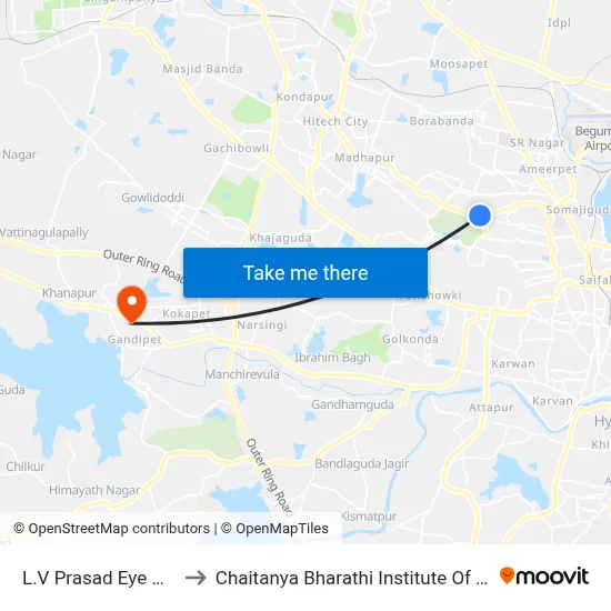 L.V Prasad Eye Hospital to Chaitanya Bharathi Institute Of Technology map