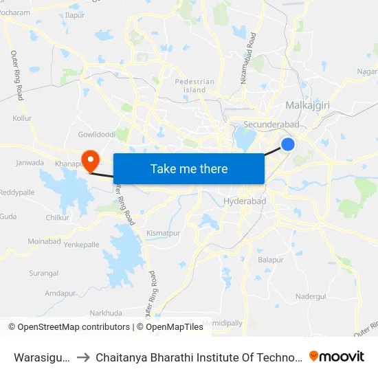 Warasiguda to Chaitanya Bharathi Institute Of Technology map