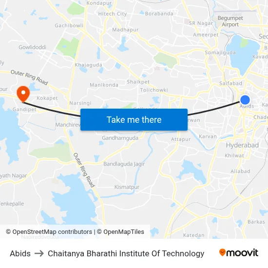 Abids to Chaitanya Bharathi Institute Of Technology map