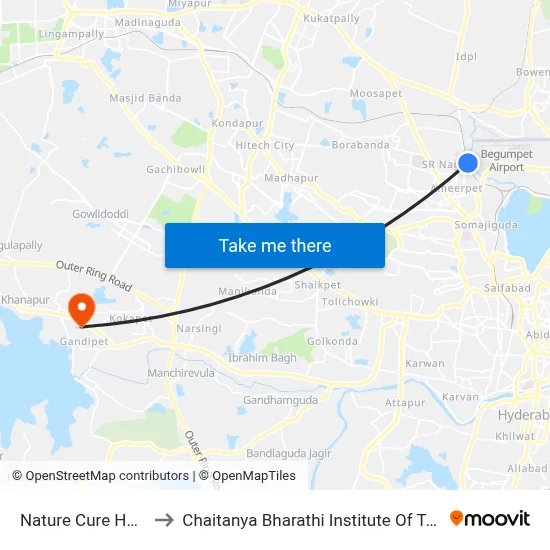 Nature Cure Hospital to Chaitanya Bharathi Institute Of Technology map