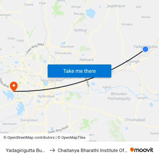 Yadagirigutta Bus Station to Chaitanya Bharathi Institute Of Technology map