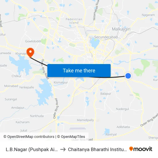 L.B.Nagar (Pushpak Airport Bus Stop) to Chaitanya Bharathi Institute Of Technology map