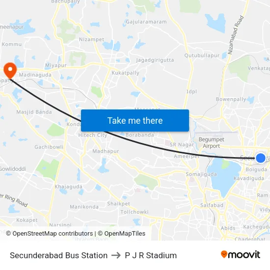 Secunderabad Bus Station to P J R Stadium map