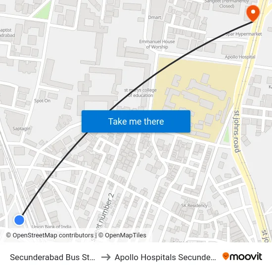 Secunderabad Bus Station to Apollo Hospitals Secunderabad map