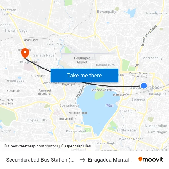 Secunderabad Bus Station to Erragadda Mental Hospital map
