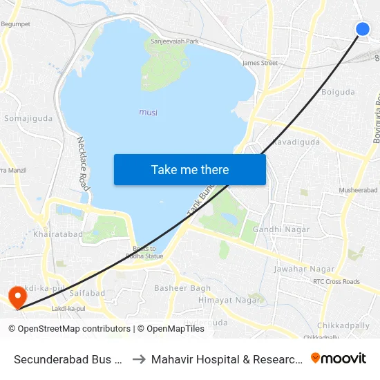 Secunderabad Bus Station to Mahavir Hospital & Research Centre map