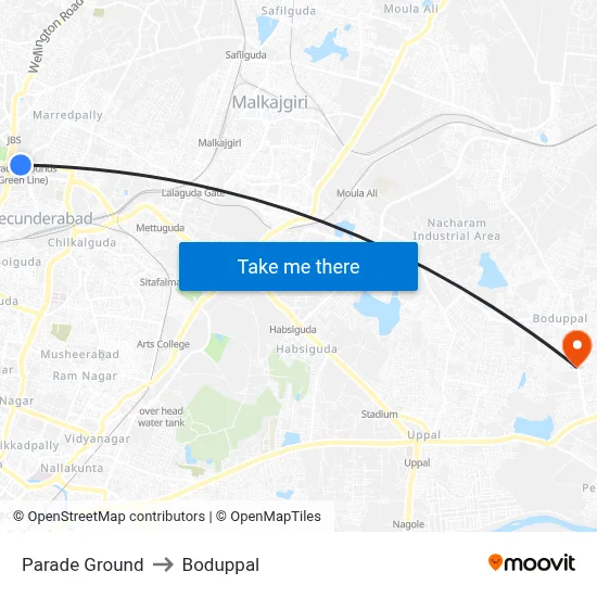 Parade Ground to Boduppal map