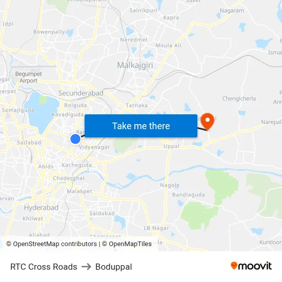 RTC Cross Roads to Boduppal map