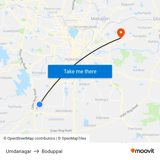 Umdanagar to Boduppal map