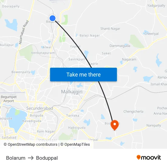 Bolarum to Boduppal map