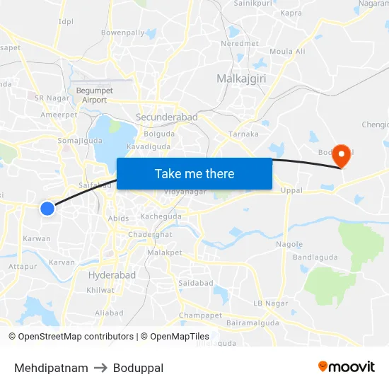 Mehdipatnam to Boduppal map