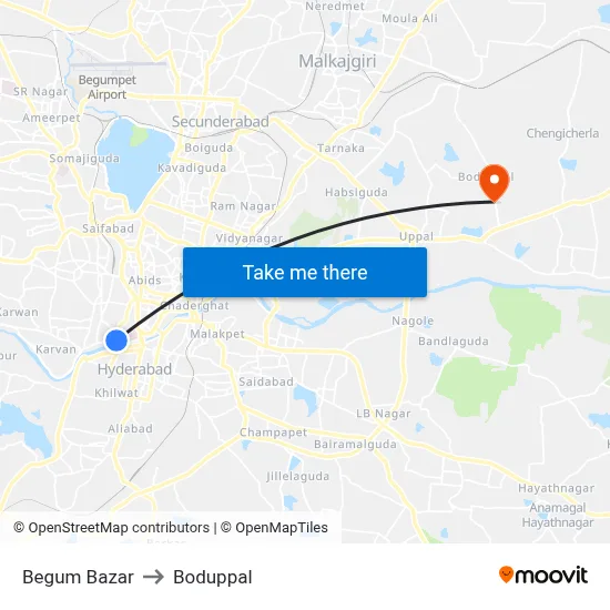 Begum Bazar to Boduppal map
