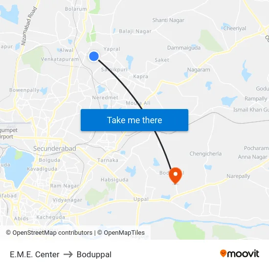 E.M.E. Center to Boduppal map