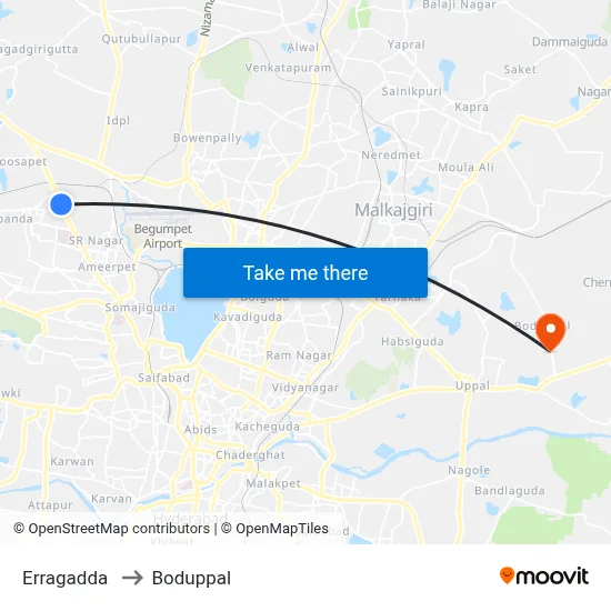 Erragadda to Boduppal map