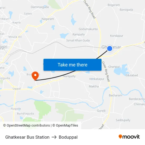 Ghatkesar Bus Station to Boduppal map