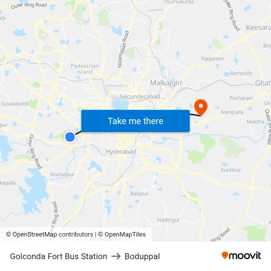 Golconda Fort Bus Station to Boduppal map