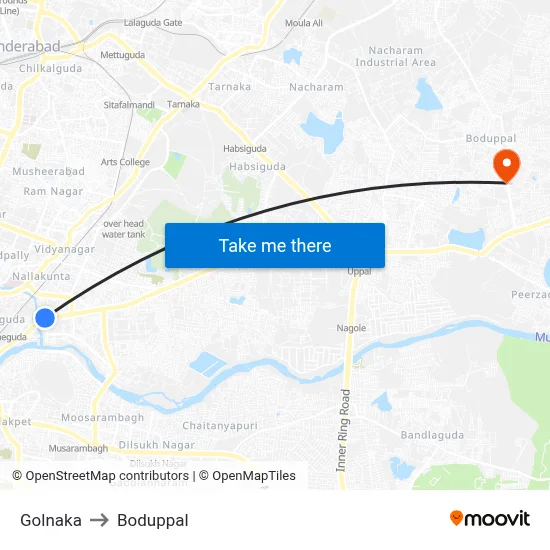 Golnaka to Boduppal map