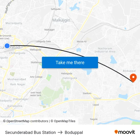 Secunderabad Bus Station to Boduppal map