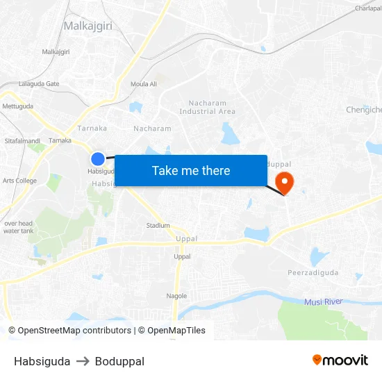 Habsiguda to Boduppal map