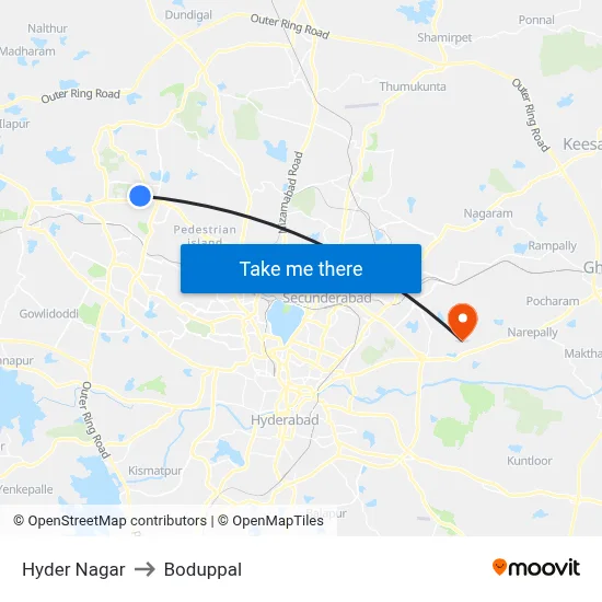 Hyder Nagar to Boduppal map