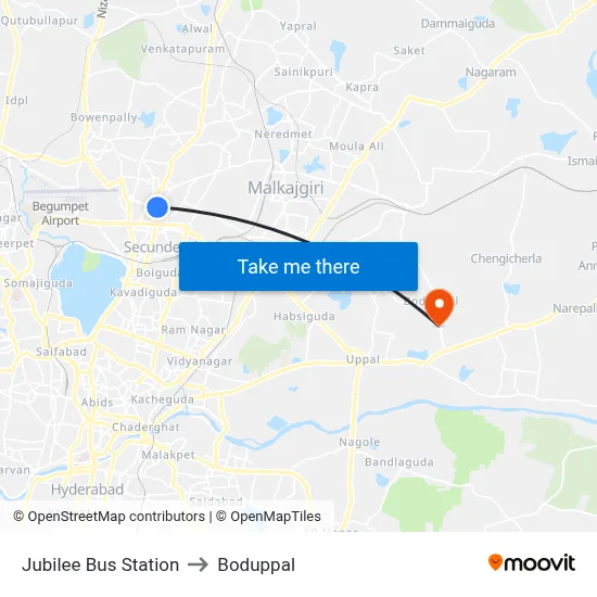 Jubilee Bus Station to Boduppal map