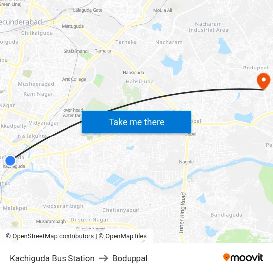Kachiguda Bus Station to Boduppal map