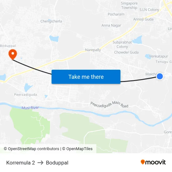Korremula 2 to Boduppal map