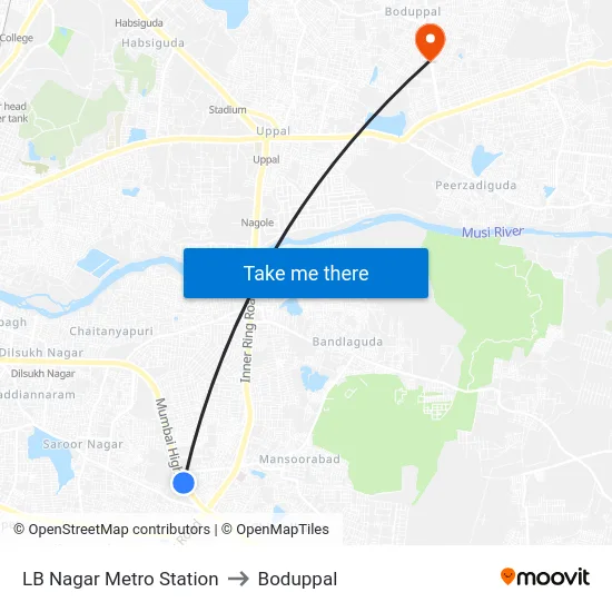 LB Nagar Metro Station to Boduppal map