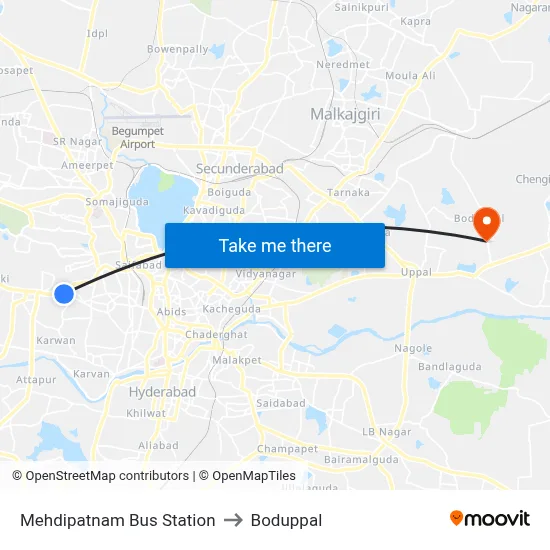 Mehdipatnam Bus Station to Boduppal map