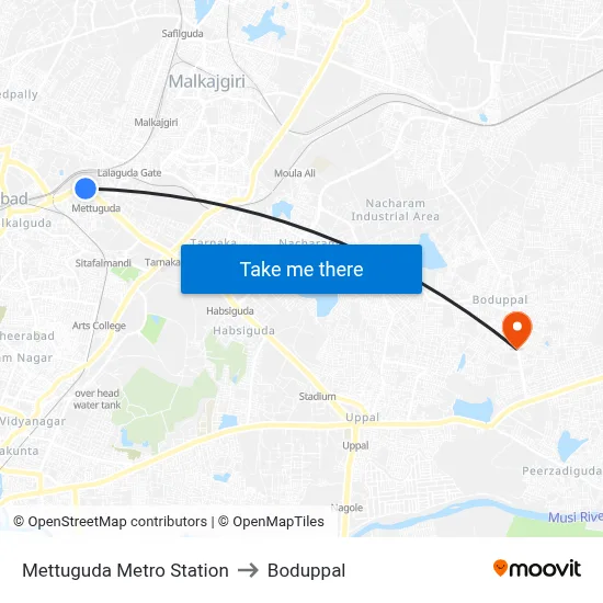 Mettuguda Metro Station to Boduppal map