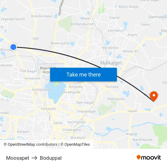 Moosapet to Boduppal map