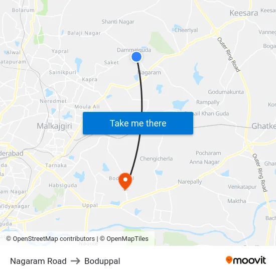 Nagaram Road to Boduppal map