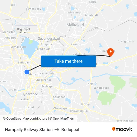 Nampally Railway Station to Boduppal map