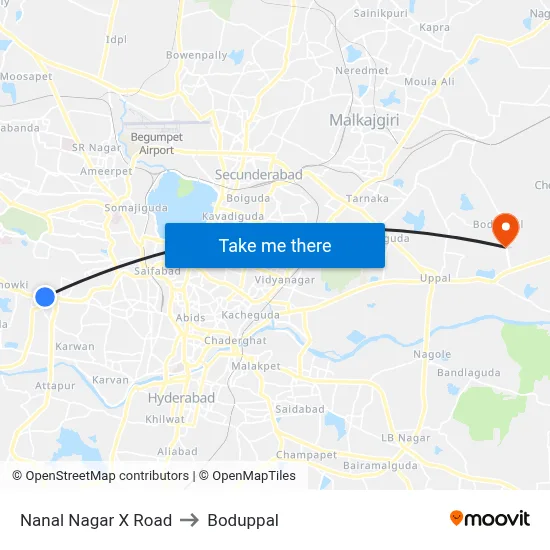 Nanal Nagar X Road to Boduppal map