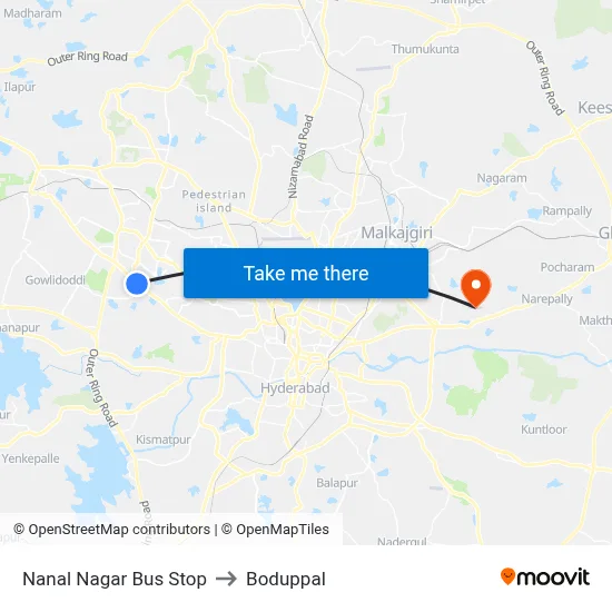 Nanal Nagar Bus Stop to Boduppal map