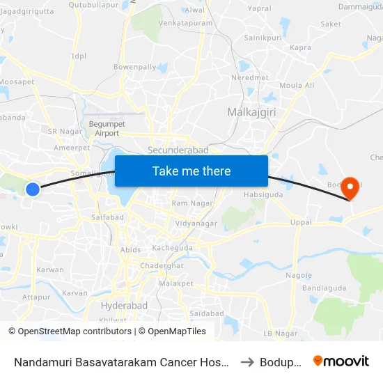 Nandamuri Basavatarakam Cancer Hospital to Boduppal map