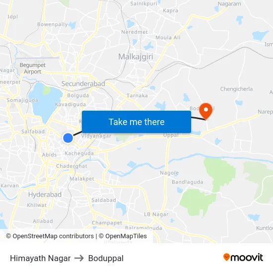Himayath Nagar to Boduppal map