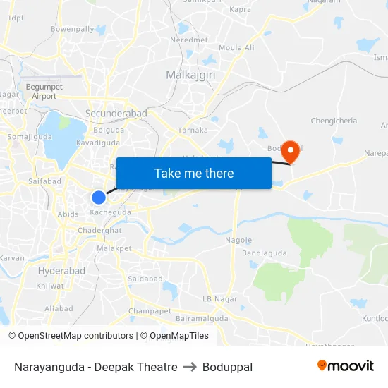Narayanguda - Deepak Theatre to Boduppal map